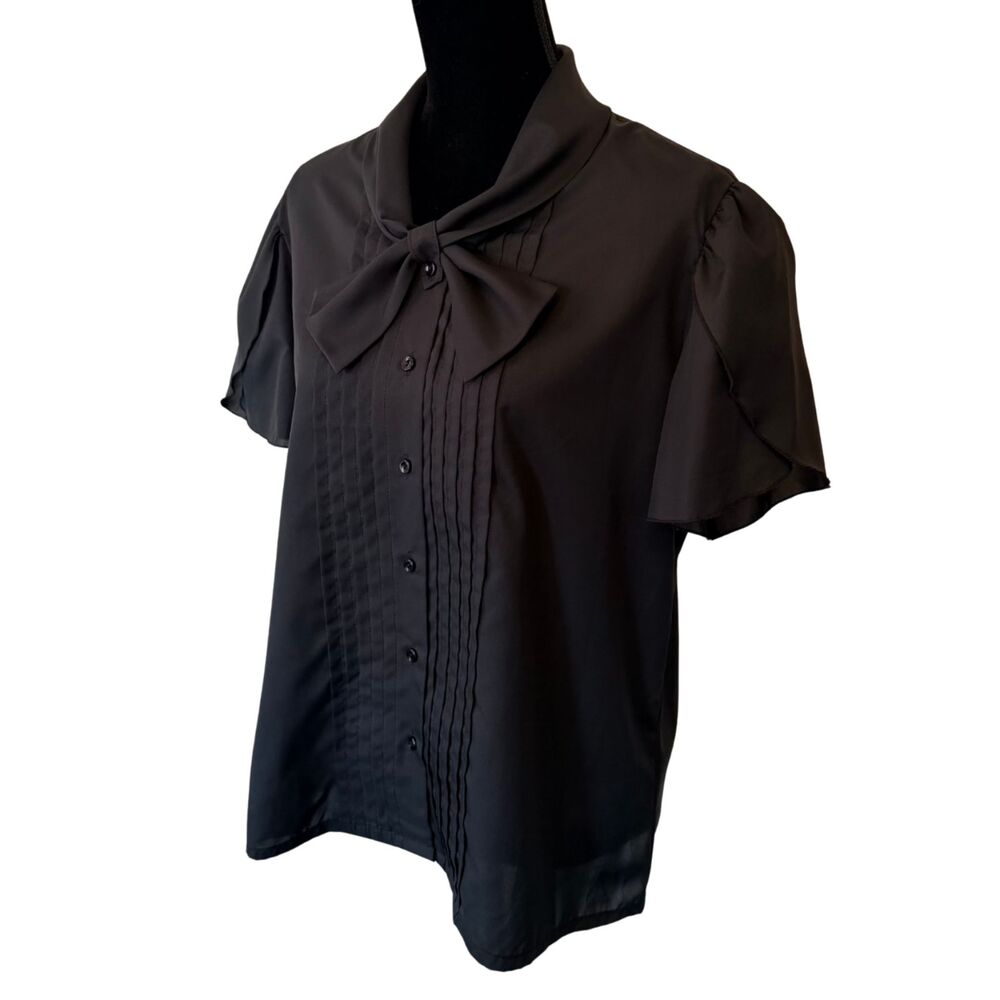 VTG Judy Bond Twee Goth Rockabilly Pintuck Flutter Sleeve Bow Blouse Size 18